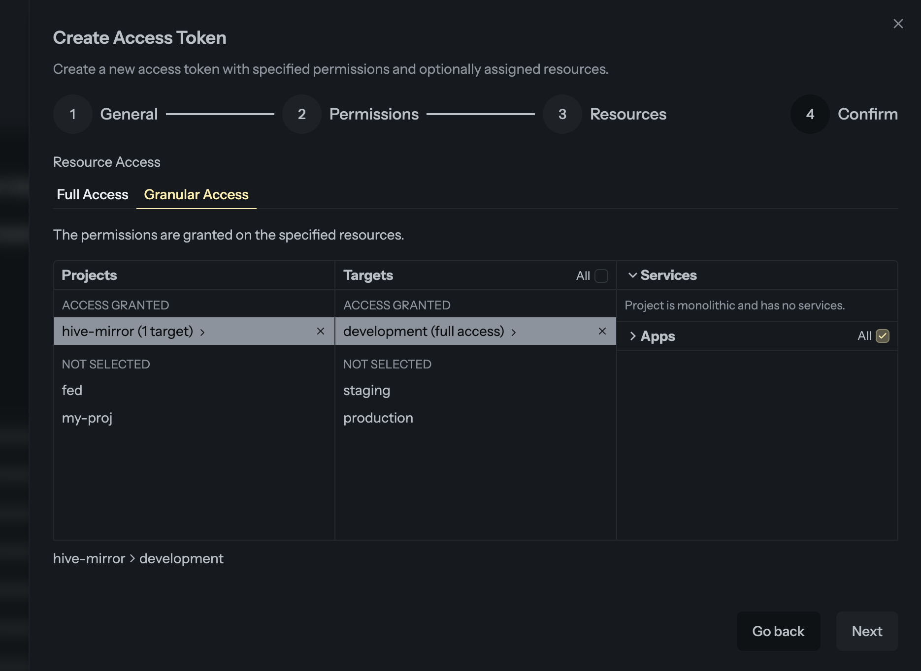 Select resources for the access token